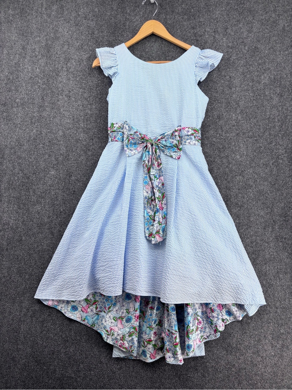 Rare Editions Seersucker Shabby Chic Cottagecore Flutter Sleeve Dress Girls 16
